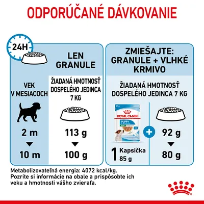 Odporúčané dávkovanie pre šteňa s cieľovou hmotnosťou 7 kg: len granule 113–100 g denne, alebo 1 kapsička Royal Canin Puppy 85 g + granule 92–80 g. Vek psa 2–10 mesiacov.