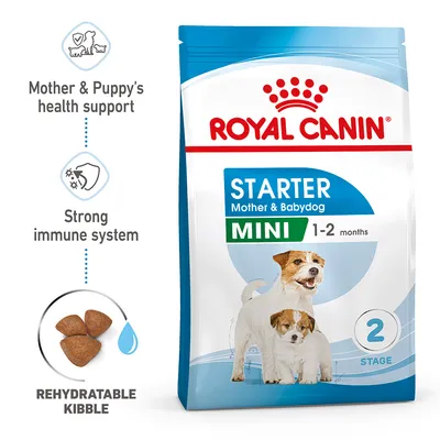 Product features: supports mother and puppy health, strong immune system, rehydratable kibble. Starter Mini for 1-2 months, stage 2. Packaging shows two dogs.