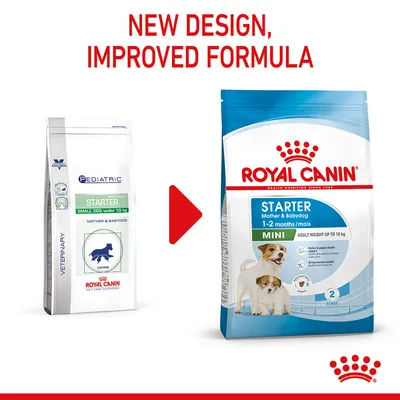 Image showing product packaging change from old to new design with improved formula for Royal Canin Starter Mini, mother and babydog, adult weight up to 10 kg.