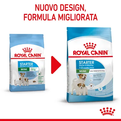 Royal Canin Starter Mother & Babydog Mini, confronto tra vecchio e nuovo design della confezione. Testo in alto: Nuovo design, formula migliorata.
