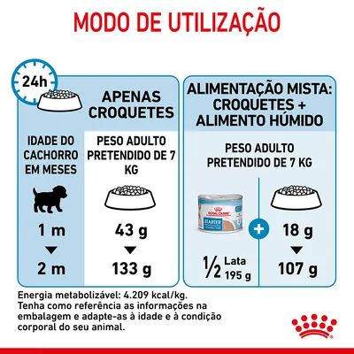 Modo de utilização: tabela de doses diárias para cachorro de 7 kg. Apenas croquetes: 43 g a 133 g. Mista: 1/2 lata húmida (195 g) + 18 g a 107 g croquetes. Energia: 4.209 kcal/kg.