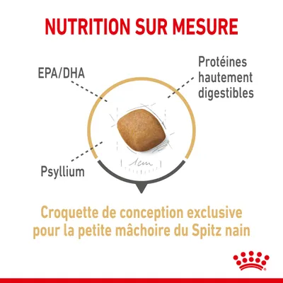 Croquette pour Spitz nain, conception exclusive pour petite mâchoire, EPA/DHA, psyllium, protéines hautement digestibles, diamètre 1 cm. Texte : Nutrition sur mesure.