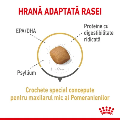 Hrană adaptată rasei. Crochete special concepute pentru maxilarul mic al Pomeranienilor, EPA/DHA, Psyllium, proteine cu digestibilitate ridicată. Imagine croșetă 1 cm.