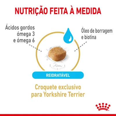 Croquete exclusivo para Yorkshire Terrier, reidratável, com ácidos gordos ómega 3 e ómega 6, óleo de borragem e biotina. Nutrição feita à medida. Croquete exclusivo para Yorkshire Terrier, reidratável, com ácidos gordos ómega 3 e ómega 6, óleo de borragem e biotina. Nutrição feita à medida.
