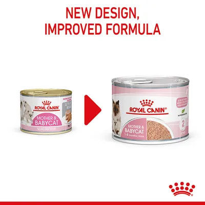 Royal Canin Mother & Babycat product shown with old and new packaging. Text reads: New design, improved formula.