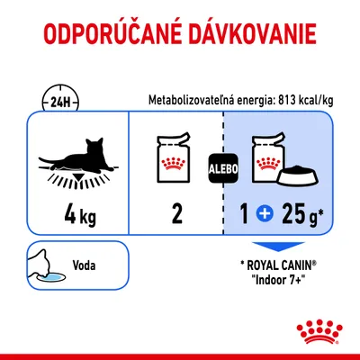 Odporúčané dávkovanie pre 4 kg mačku: 2 kapsičky alebo 1 kapsička a 25 g granúl Royal Canin Indoor 7+. Metabolizovateľná energia: 813 kcal/kg. Voda vždy k dispozícii.