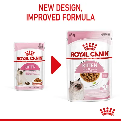 Comparison of old and new Royal Canin Kitten food packaging, highlighting new design and improved formula for kittens up to 12 months, 85g pouch, in gravy, no preservatives.