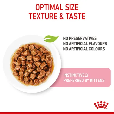 Product features: optimal size, texture and taste; no preservatives, artificial flavours or colours; instinctively preferred by kittens. Image shows food pieces in gravy on a plate.