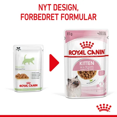 Royal Canin kattemad: venstre pakke 'Pediatric Growth', højre pakke 'Kitten up to 12 months'. Tekst øverst: NYT DESIGN, FORBEDRET FORMULAR.
