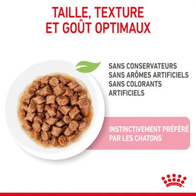 Taille, texture et goût optimaux. Sans conservateurs, sans arômes artificiels, sans colorants artificiels. Instinctivement préféré par les chatons.