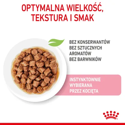 OPTYMALNA WIELKOŚĆ, TEKSTURA I SMAK. Bez konserwantów, bez sztucznych aromatów, bez barwników. Instynktownie wybierana przez kocięta.