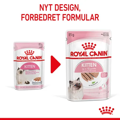 Royal Canin Kitten 85 g, nyt design og forbedret formular. To poser med forskelligt udseende, teksten 'Up to 12 months', 'No preservatives' og billede af kat synlig på begge pakker.