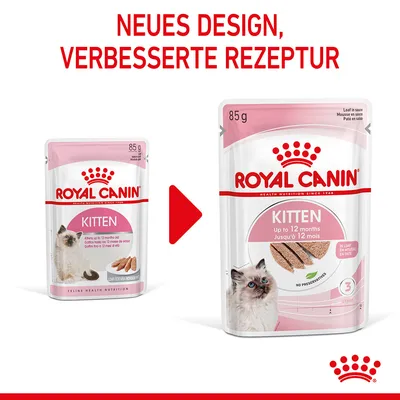Royal Canin Kitten Nassfutter, neues Design und verbesserte Rezeptur, 85g Packung für Katzen bis zu 12 Monaten, ohne Konservierungsstoffe.