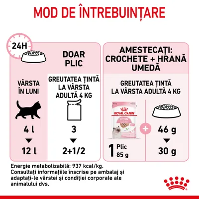 Instrucțiuni de hrănire Royal Canin Kitten: doar plic – 3 plicuri la 4 luni, 2½ plicuri la 12 luni; amestec – 1 plic 85 g + 46 g crochete la 4 luni, 1 plic + 30 g crochete la 12 luni.