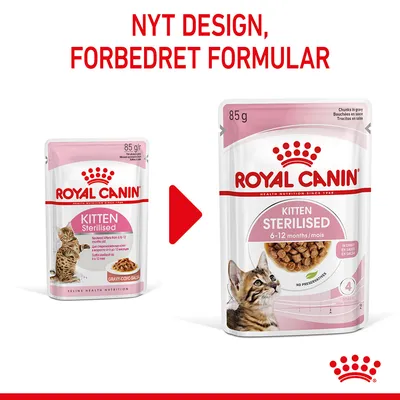 Royal Canin Kitten Sterilised 85 g, nyt design og forbedret formular. To pakker vises: gammel og ny version med teksten 'NYT DESIGN, FORBEDRET FORMULAR' øverst.
