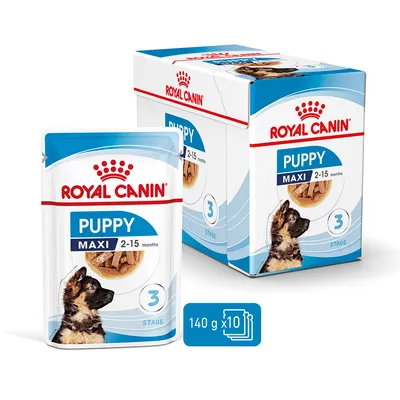 Royal Canin Puppy Maxi 2–15 months, lot de 10 sachets de 140 g, emballage avec photo de chiot et mention Stage 3 visible sur la boîte et le sachet.