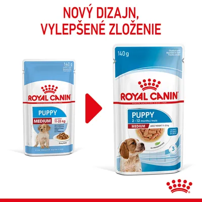 Porovnanie starého a nového balenia Royal Canin Puppy Medium 140 g, hmotnosť psa 11–25 kg, nový dizajn, vylepšené zloženie, pre šteňatá 2–12 mesiacov. Viditeľný nápis: NOVÝ DIZAJN, VYLEPŠENÉ ZLOŽENIE.