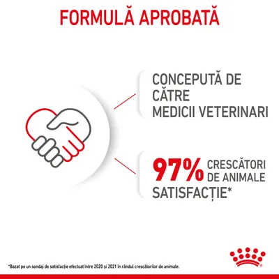 FORMULĂ APROBATĂ. CONCEPUTĂ DE CĂTRE MEDICII VETERINARI. 97% CRESCĂTORI DE ANIMALE SATISFACȚIE. *Baza sondajului: 2020–2021, crescători de animale.