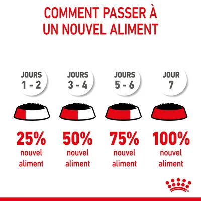Conseils de transition alimentaire : jours 1–2, 25 % nouvel aliment ; jours 3–4, 50 % ; jours 5–6, 75 % ; jour 7, 100 % nouvel aliment. Marque Royal Canin visible.