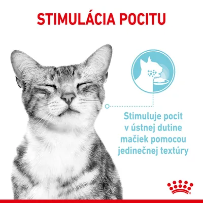 STIMULÁCIA POCITU. Stimuluje pocit v ústnej dutine mačiek pomocou jedinečnej textúry. Obrázok spokojnej mačky a grafika s miskou.