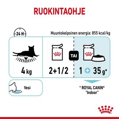 Ruokintaohje: 4 kg kissalle 2,5 annospussia tai 1 annospussi ja 35 g Royal Canin Indoor -kuivaruokaa päivässä. Muuntokelpoinen energia 855 kcal/kg. Vesi.