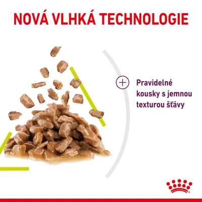 NOVÁ VLHKÁ TECHNOLOGIE. Pravidelné kousky s jemnou texturou šťávy. Zobrazeny kousky krmiva ve šťávě.