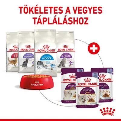 Royal Canin Fit, Sterilised, Indoor, Sensible száraz macskaeledel és Sensory Smell, Taste, Feel 85 g nedves eledel csomagban, piros tál, felirat: Tökéletes a vegyes tápláláshoz