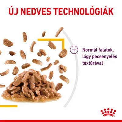 Új nedves technológiák. Normál falatok, lágy pecsenyelés textúrával. Húsdarabok szaftban, Royal Canin logóval.