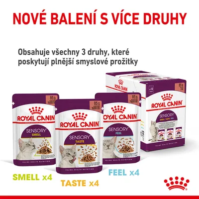 ROYAL CANIN Sensory nové balení s více druhy: 12×85 g (SMELL x4, TASTE x4, FEEL x4). Obsahuje všechny 3 druhy pro plnější smyslové prožitky. Balení a tři varianty kapsiček na obrázku.
