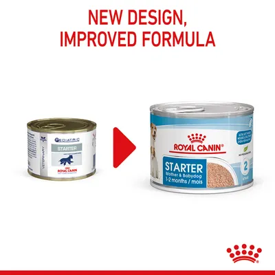 Image showing Royal Canin Starter product with new packaging and improved formula, highlighting the change from old to new design for mother and babydog 1-2 months.