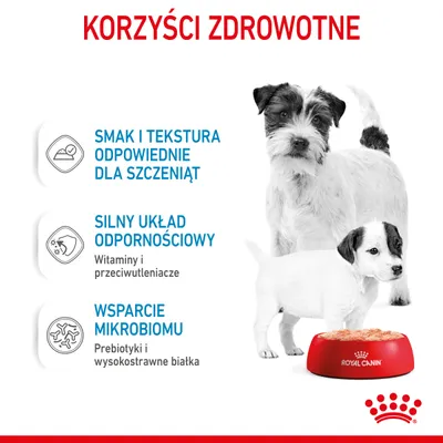Korzyści zdrowotne: smak i tekstura odpowiednie dla szczeniąt, silny układ odpornościowy – witaminy i przeciwutleniacze, wsparcie mikrobiomu – prebiotyki i wysokostrawne białka.