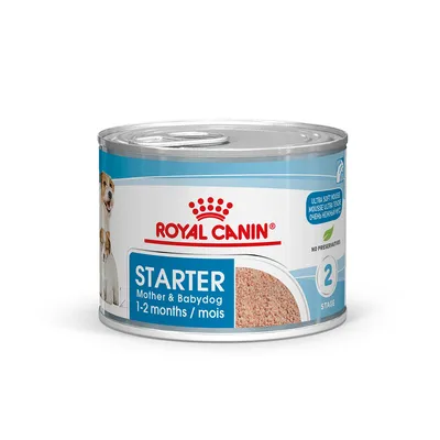 Konzerva Royal Canin Starter Mother & Babydog 1–2 months/mois, ultra soft mousse, bez konzervantů, stupeň 2. Viditelná část produktu a obal.