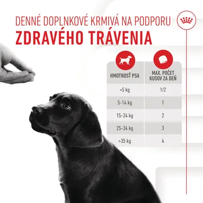 Denné doplnkové krmivá na podporu zdravého trávenia. Tabuľka: hmotnosť psa a max. počet kusov za deň – <5 kg: 1/2, 5–14 kg: 1, 15–24 kg: 2, 25–34 kg: 3, >35 kg: 4.