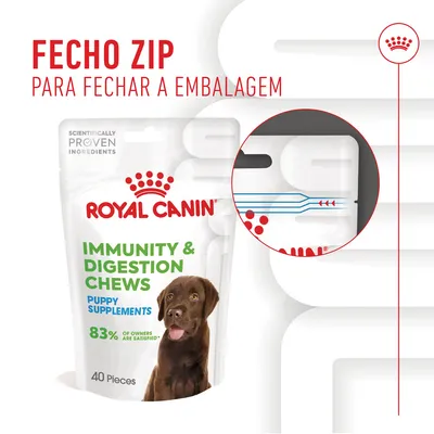 ROYAL CANIN Immunity & Digestion Chews Puppy Supplements, 40 peças. Fecho zip para fechar a embalagem. 83% of owners are satisfied. Scientifically proven ingredients.