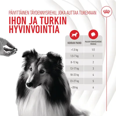 Täydennysrehu koirille, ihon ja turkin hyvinvointi. Ruokintaohje: koiran paino <1,5 kg – >28 kg, palojen enimmäismäärä päivässä 1/2–6. Kuvassa koira ja käsi pitelee herkkupalaa.