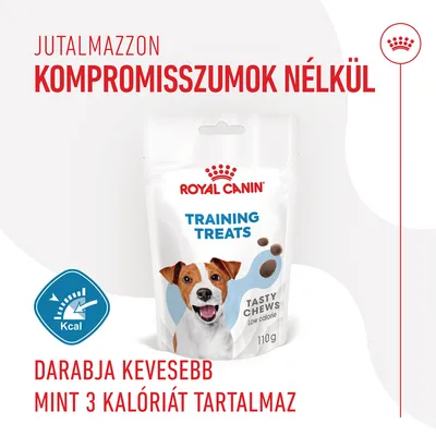 Royal Canin Training Treats Tasty Chews 110 g csomag, darabja kevesebb mint 3 kalóriát tartalmaz. Jutalmazzon kompromisszumok nélkül felirat látható.