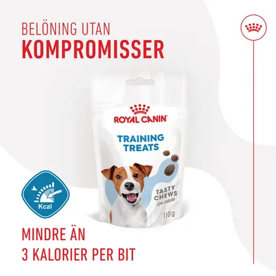 Royal Canin Training Treats Tasty Chews 110g. Belöning utan kompromisser. Mindre än 3 kalorier per bit. Low calorie. Kcal-symbol synlig på förpackningen.