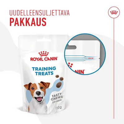 Royal Canin Training Treats Tasty Chews Low calorie 110 g -koiranherkkupakkaus, uudelleensuljettava pakkaus korostettuna. Teksti: Uudelleensuljettava pakkaus.