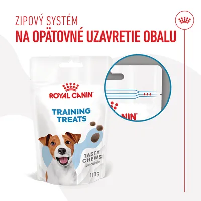 ROYAL CANIN TRAINING TREATS TASTY CHEWS Low calorie 110 g, zipový systém na opätovné uzavretie obalu zvýraznený detailom. Text: ZIPOVÝ SYSTÉM NA OPÄTOVNÉ UZAVRETIE OBALU.