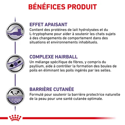 BÉNÉFICES PRODUIT : Effet apaisant, complexe hairball, barrière cutanée. Détails sur les protéines de lait, fibres pour boules de poils et soutien de la barrière cutanée visibles.