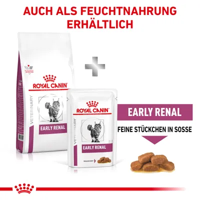 Royal Canin Early Renal, auch als Feuchtnahrung erhältlich. Feine Stückchen in Sosse. Verpackung für Trocken- und Nassfutter abgebildet.