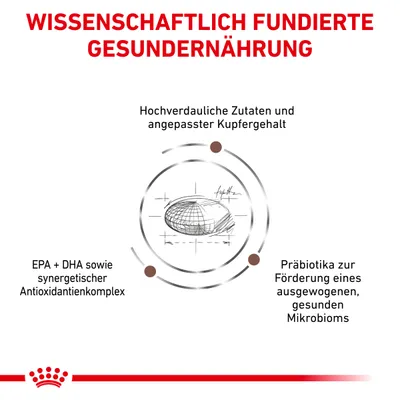 Wissenschaftlich fundierte Gesunderährung: Hochverdauliche Zutaten, angepasster Kupfergehalt, EPA + DHA mit Antioxidantienkomplex, Präbiotika für gesundes Mikrobiom.
