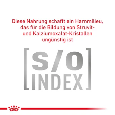 Diese Nahrung schafft ein Harnmilieu, das für die Bildung von Struvit- und Kalziumoxalat-Kristallen ungünstig ist. S/O Index.