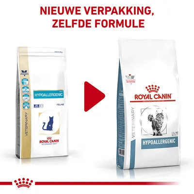 Royal Canin Hypoallergenic kattenvoer: oude en nieuwe verpakking naast elkaar. Tekst boven: 'Nieuwe verpakking, zelfde formule'. Beide verpakkingen tonen het woord HYPOALLERGENIC.