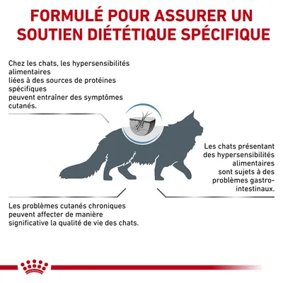 Formulé pour assurer un soutien diététique spécifique. Hypersensibilités alimentaires chez les chats : symptômes cutanés, problèmes gastro-intestinaux, impact sur la qualité de vie.