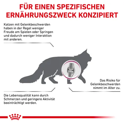 Für einen spezifischen Ernährungszweck konzipiert. Katzen mit Gelenkbeschwerden haben weniger Freude am Spielen, geringere Aktivität und erhöhtes Risiko im Alter. Lebensqualität kann beeinträchtigt werden.