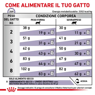 Tabella dosi giornaliere per gatti in base a peso (2–8 kg) e condizione corporea, con valori separati per solo secco o combinazione secco+umido. Energia metabolizzabile: 3352 kcal/kg.
