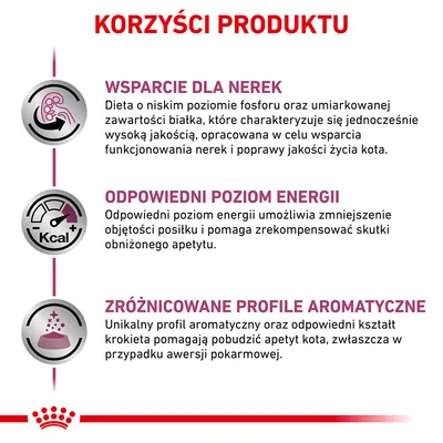 Korzyści produktu: wsparcie dla nerek, odpowiedni poziom energii, zróżnicowane profile aromatyczne. Szczegóły dotyczące diety, energii i pobudzania apetytu kota.
