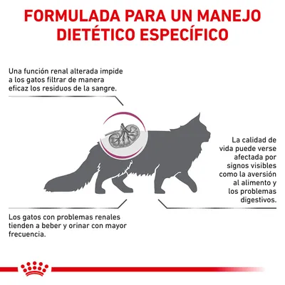 Formulada para un manejo dietético específico. Una función renal alterada impide filtrar residuos. Gatos con problemas renales beben y orinan más. Calidad de vida afectada por aversión al alimento.