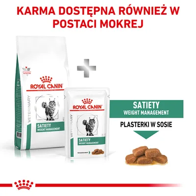 Royal Canin Veterinary Satiety Weight Management dla kotów, dostępna sucha i mokra karma. Plasterki w sosie. Widoczne opakowania oraz kawałki karmy. Royal Canin Veterinary Satiety Weight Management dla kotów, dostępna sucha i mokra karma. Plasterki w sosie. Widoczne opakowania oraz kawałki karmy.